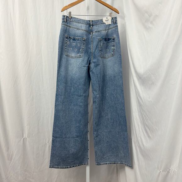 Oat New York High Rise Wide Leg Jeans Womens Size 10 30 Embellished Hearts Blue - Picture 11 of 11